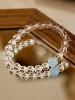 Handmade beaded high quality natural Clear Quartz bracelet with an Aquamarine